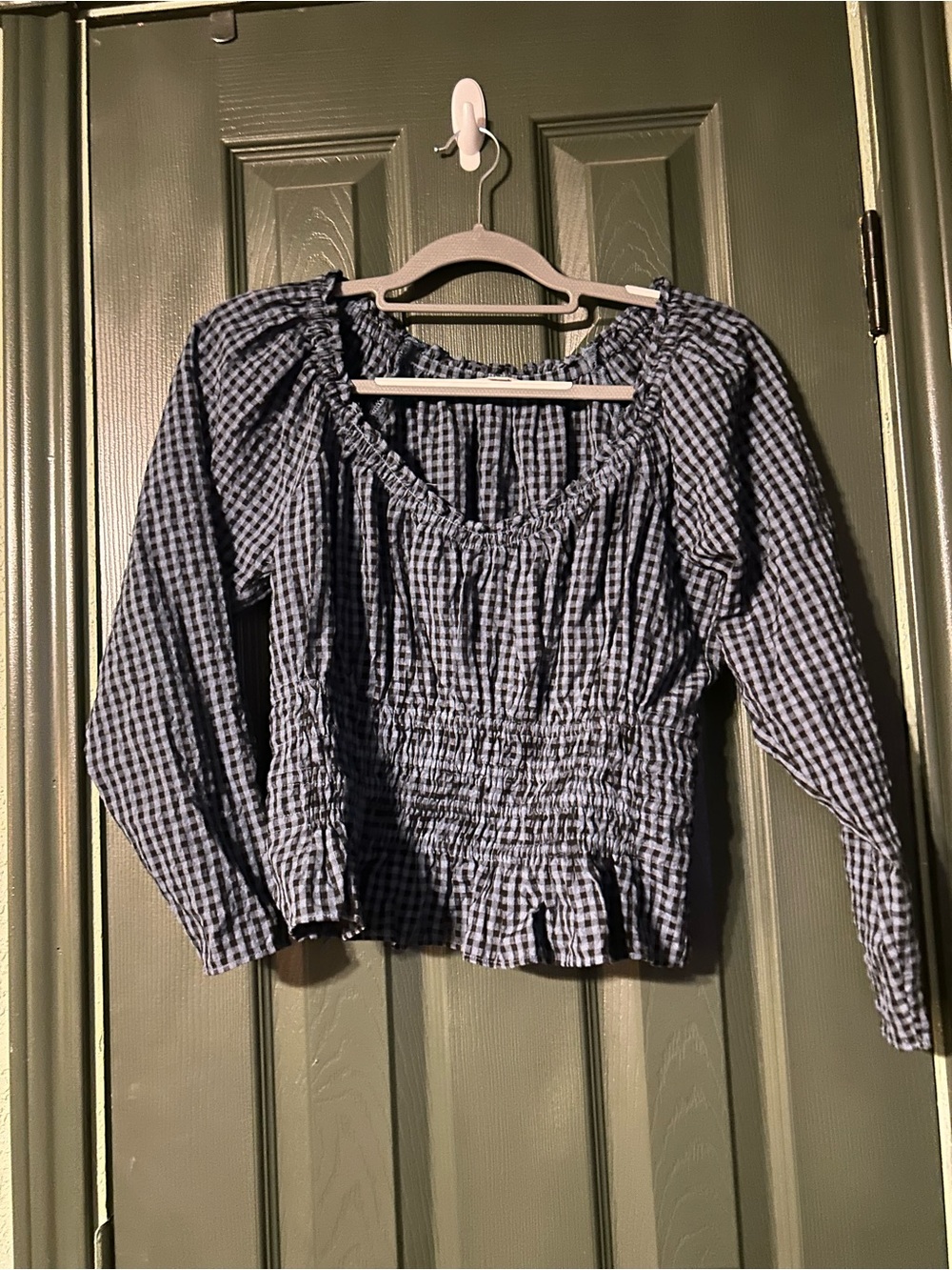 LOFT Navy Gingham Smocked Peasant Blouse